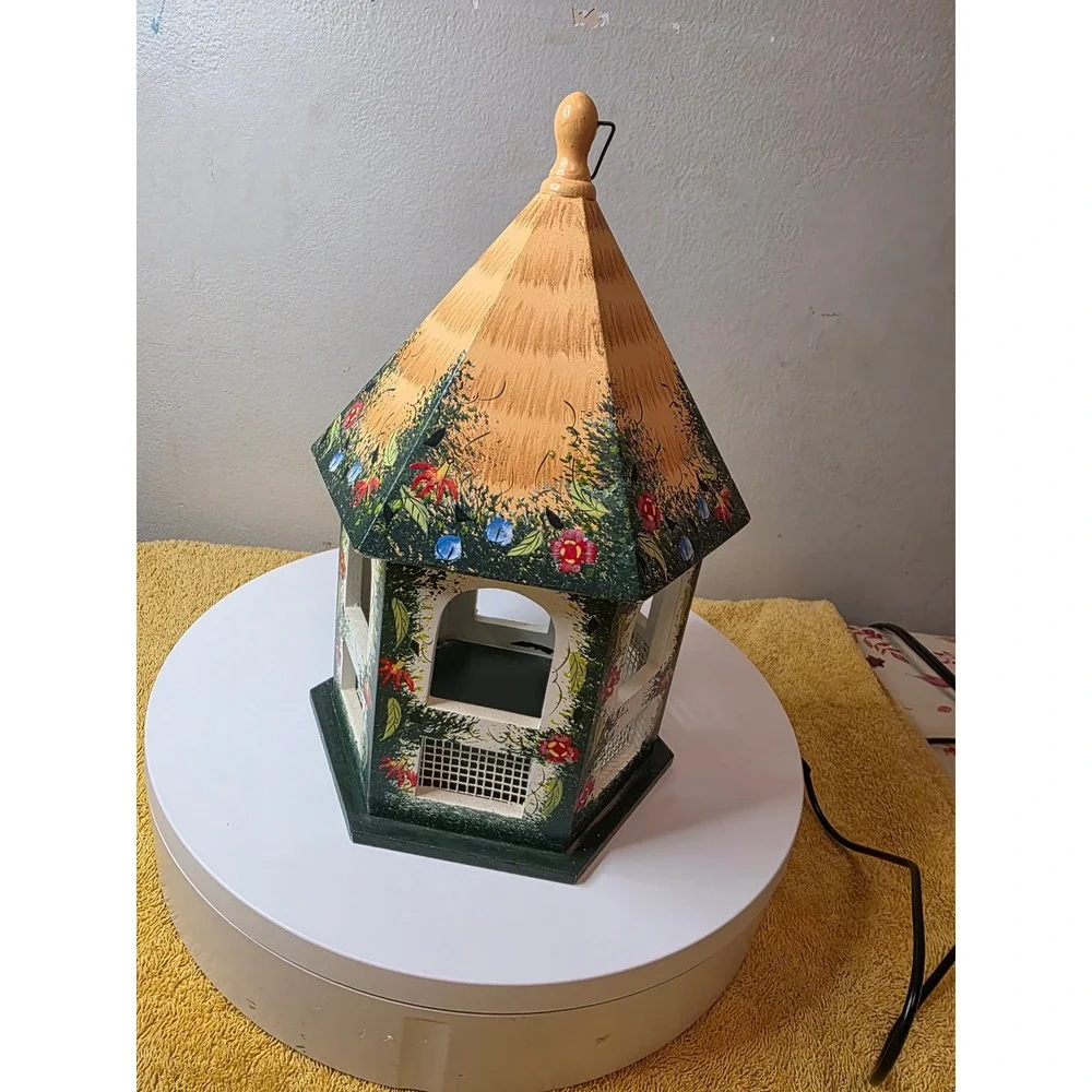 Hand Painted Wooden Birdhouse Floral Cottage Garden Decor Hexagon Hanging 12in